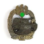 Panzerkampfabzeichen in Silber, Sammlerkopie, Einsatzzahl 75, Zinkguss versilbert, 4061 - 0012