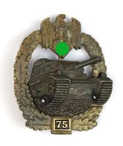 Panzerkampfabzeichen in Silber, Sammlerkopie, Einsatzzahl 75, Zinkguss versilbert, 4061 - 0012