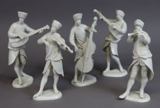 5 Porzellanfiguren "Musiker der böhmischen Bergmannskapelle", Nymphenburg, 20. Jh., Modellentwurf