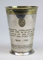 Becher aus 800er Silber, zum Bergbau, um 1920, mit Sinnspruch: "Stolberger Zink Halts Hoch und