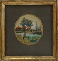 Biedermeier - Papiercollage, 1848, naive Darstellung einer Ortsansicht an einem Flussufer, unt. Glas