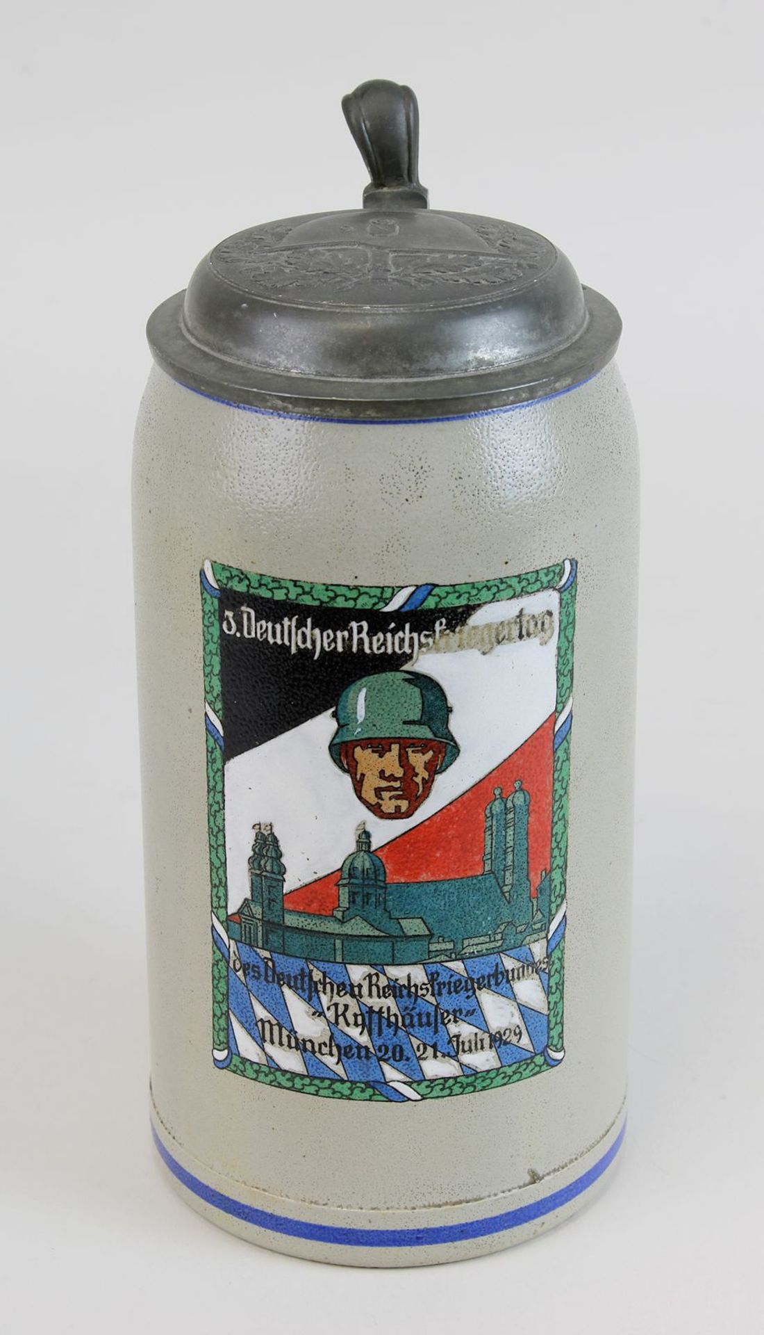Bierkrug des Deutschen Reichskriegerbundes Kyffhäuser, München 1929, Keramik, grauer Scherben,