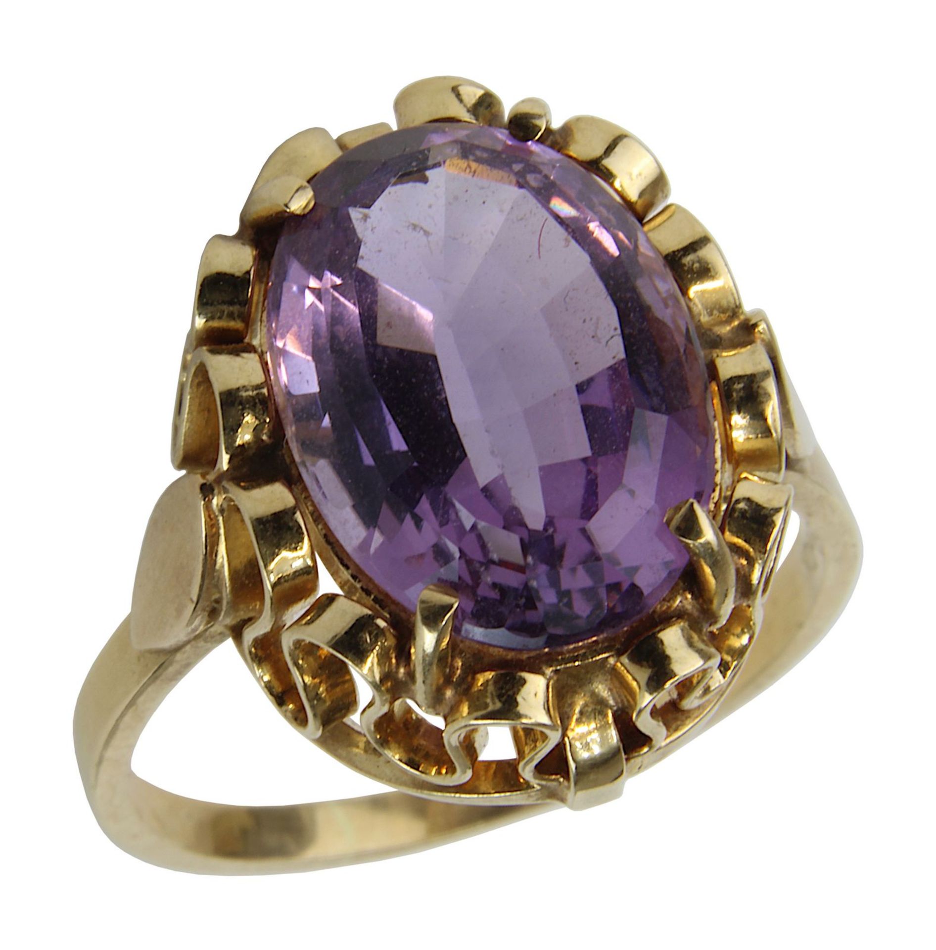 Roségold-Damenring mit Amethyst, deutsch um 1950, Handarbeit, Ringkopf besetzt mit ovalem