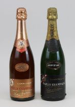 Zwei Flaschen Champagner, 2. H. 20. Jh., Mailly Champagne, Grand Cru, Brut, Près Reims, eine der