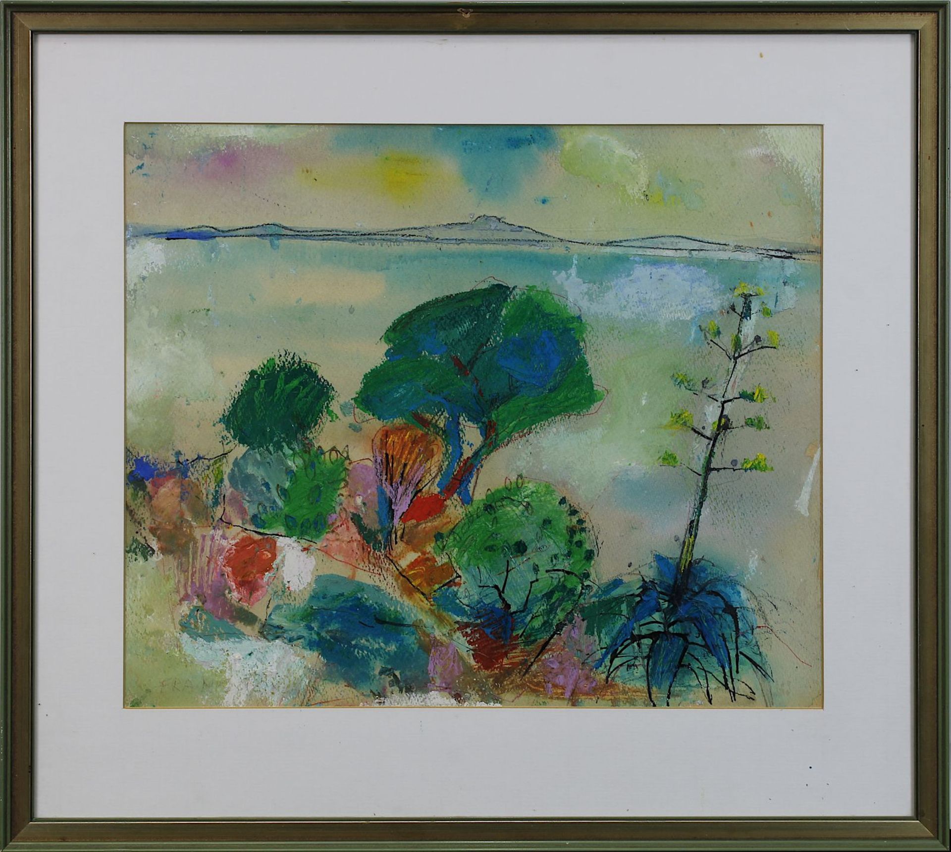 Fram ... (?), Künstler M. 20. Jh., südliche Landschaft mit Agave, Aquarell-Mischtechnik, links