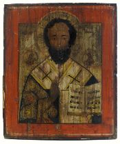 Ikone Hl. Nikolaus, Russland 2. H. 19. Jh., Tempera auf Holz, Schulterstück des Heiligen im Ornat,