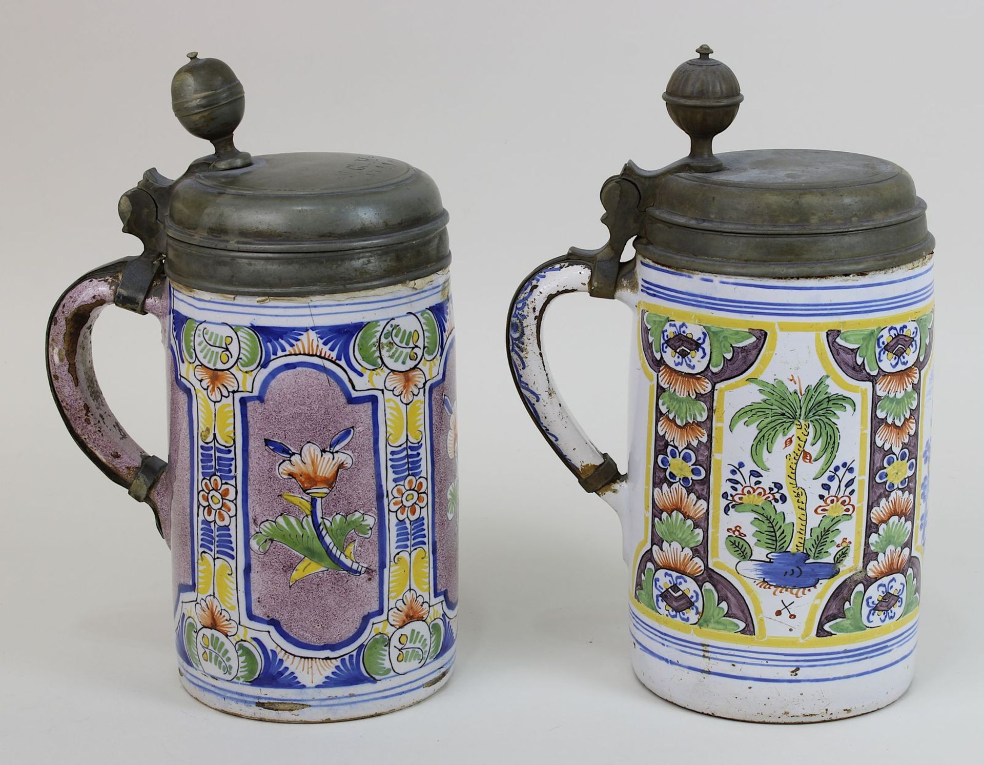 Zwei Fayence-Pilasterwalzenkrüge, 18. Jh., Keramik, heller Scherben, handgedreht, mit - Bild 4 aus 4