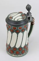 Villeroy & Boch Bierkrug, Jugendstil, Mettlach 1905, Chromolith-Keramik, geritzte, reliefierte