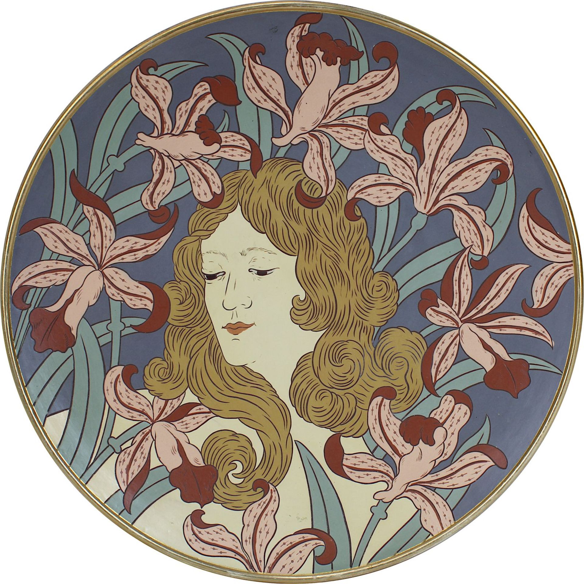 Villeroy & Boch Jugendstil-Wandteller mit Frauenkopf, Mettlach 1899, Chromolit-Keramik, Schauseite