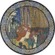 Villeroy & Boch Jugendstil-Wandteller mit Frauenkopf, signiert R. Thévinin, Schauseite mit farbig