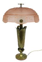Art-Déco Tischlampe mit Glasschirm von Muller Frères, aus alten Lampenteilen zusammengesetzt, floral