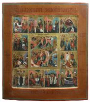 Festtagsikone, Russland 2. H. 19. Jh., Tempera auf Holz, vertieftes Mittelfeld, mittig Darstellung