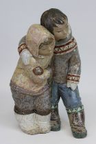 Lladro Figurengruppe, Spanien 20. Jh., Eskimokinderpaar, Keramik, brauner Scherben mit farbiger