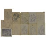 11 Zeichnungen 2. Weltkrieg, aus einem Kriegsgefangenenlager, verschiedene Motive von Gefangenen und