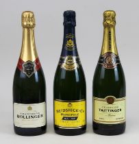 3 Flaschen Champagner, 2. H. 20. Jh.: C eine Flasche Taittinger Brut, Reserve, Reims; eine Flasche