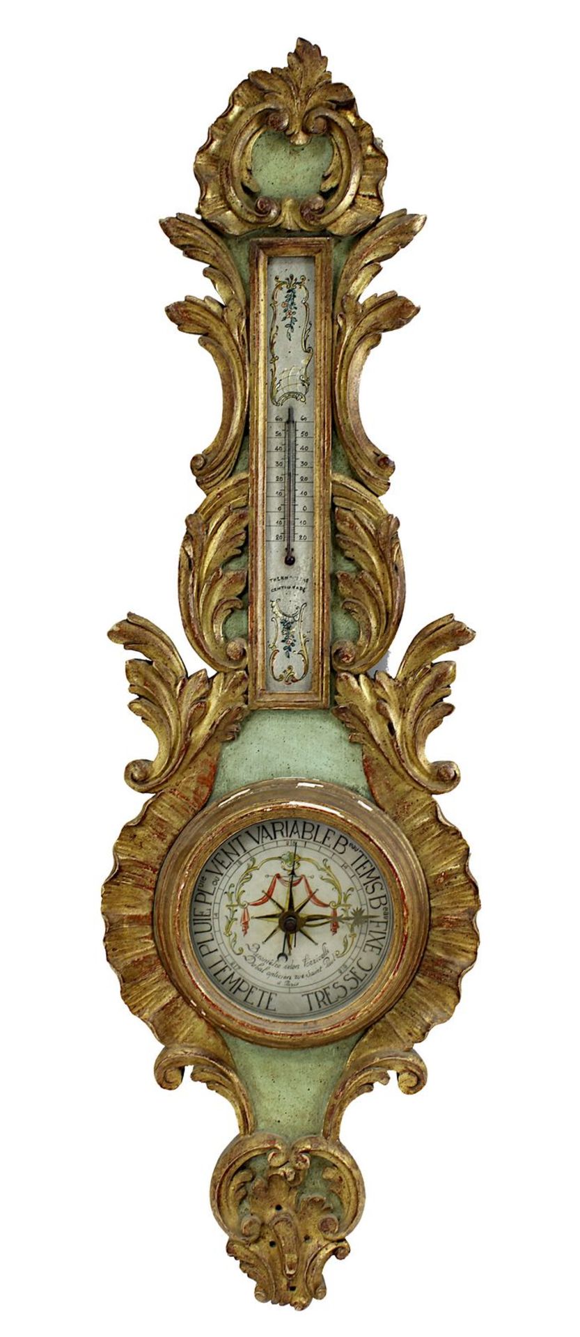 Barometer mit Thermometer, Frankreich um 1900, im Barockstil, Holz farbig u. mit Gold gefasst,