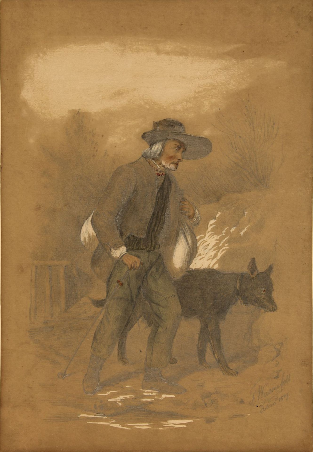 Wasserfall, F. (Zeichner, Mitte 19.Jh.): Mann mit Hund, 1847, Zeichnung, unt. re. sign. u. dat.,