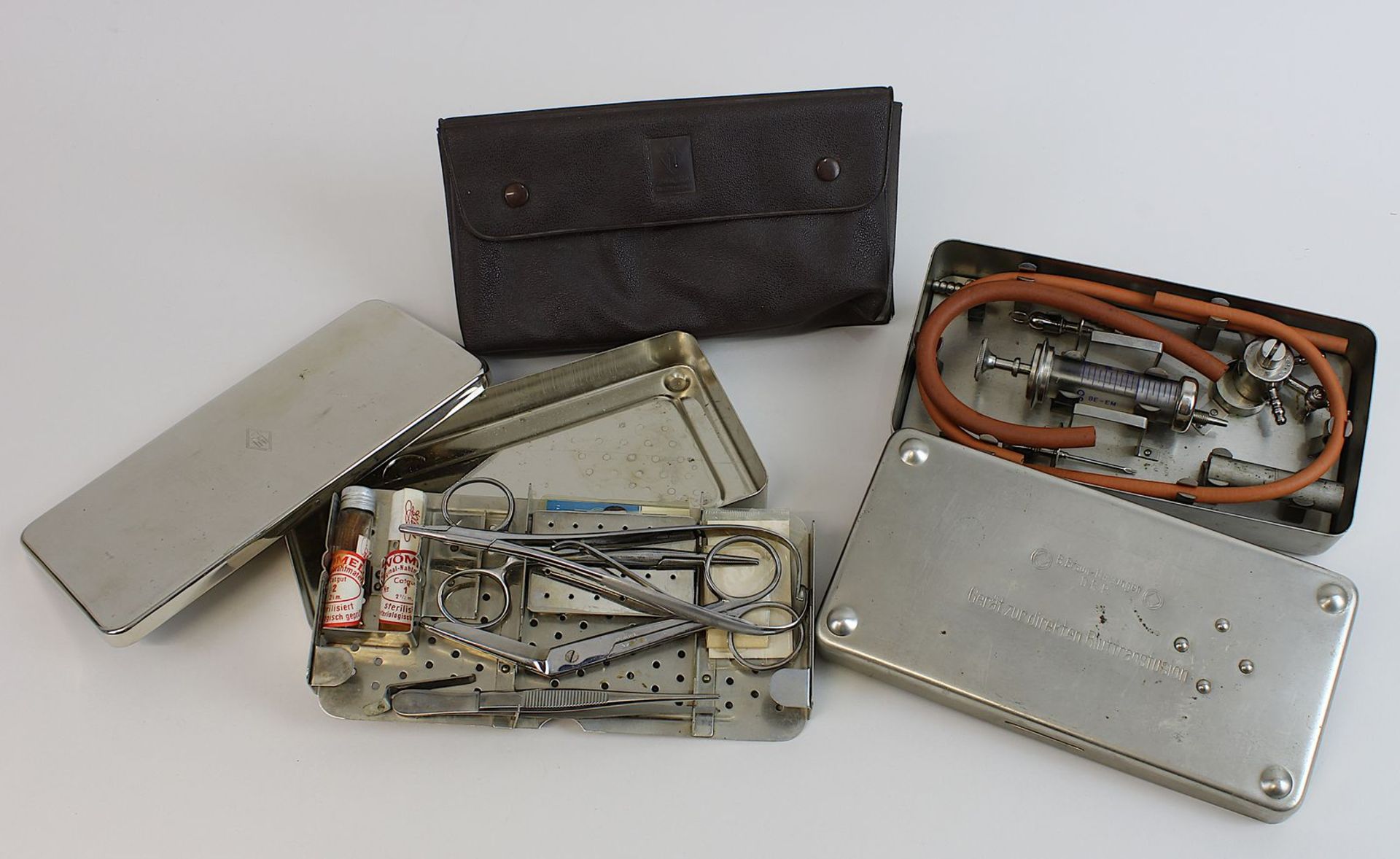 Sanitätszubehör, Gerät zu direkten Bluttransfusion, Deutsches Reich 1933 - 1945, in Metallkasten,