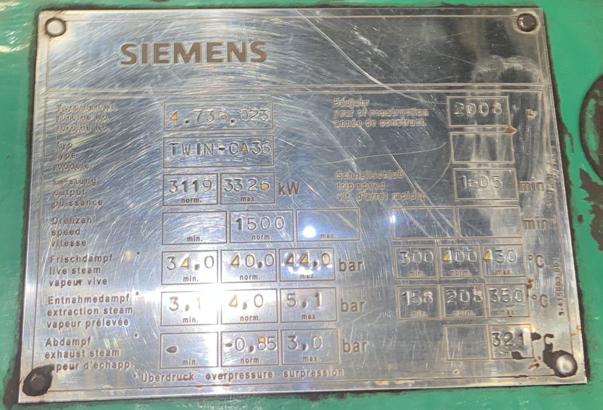 Siemens TWIN-CA36 STEAM TURBINE, serial no. 4.736.023, year of manufacture 2008, output 3119kW ( - Image 3 of 9