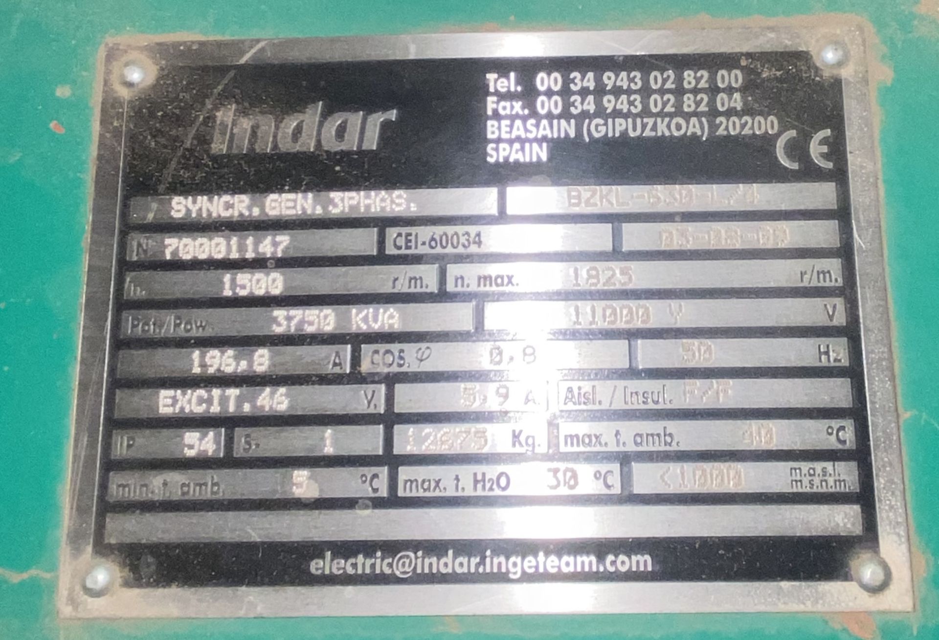 Indar BZKL-630-L/4 3750kVA AC GENERATOR, serial no. 70001147, year of manufacture 2009, 1500rpm, - Image 5 of 5