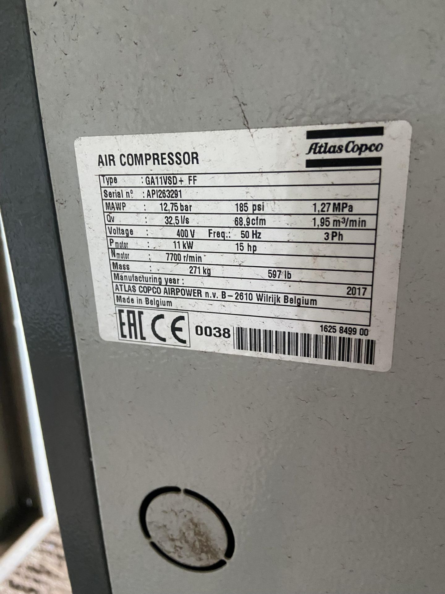 Atlas Copco GA11VSD+FF PACKAGED AIR COMPRESSOR, serial no. AP1263291, year of manufacture 2017, - Image 3 of 3