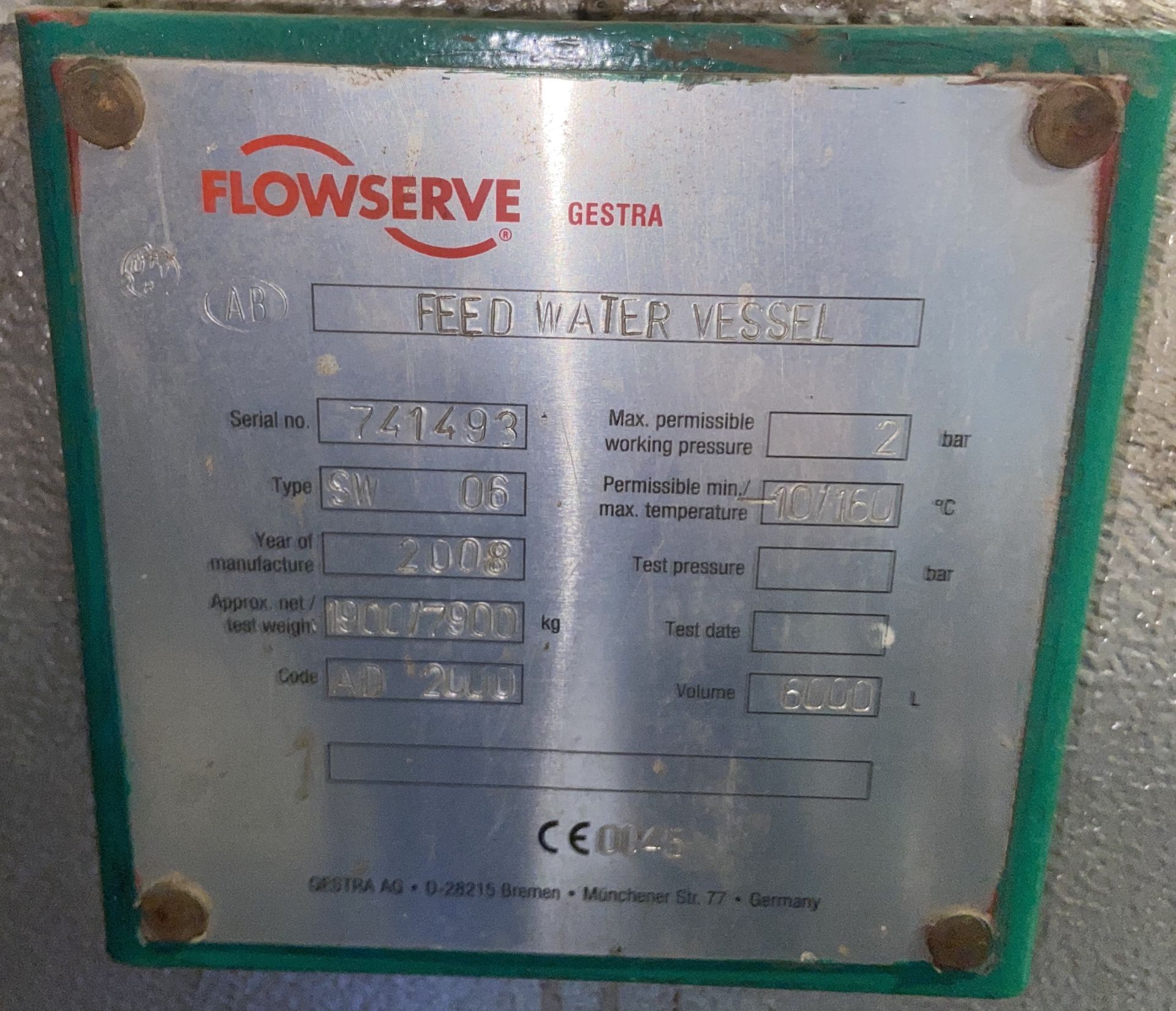 Gestre FlowServe FEED WATER VESSEL, serial no. 741493, type SW 06, year of manufacture 2008, 6,000 - Image 4 of 7