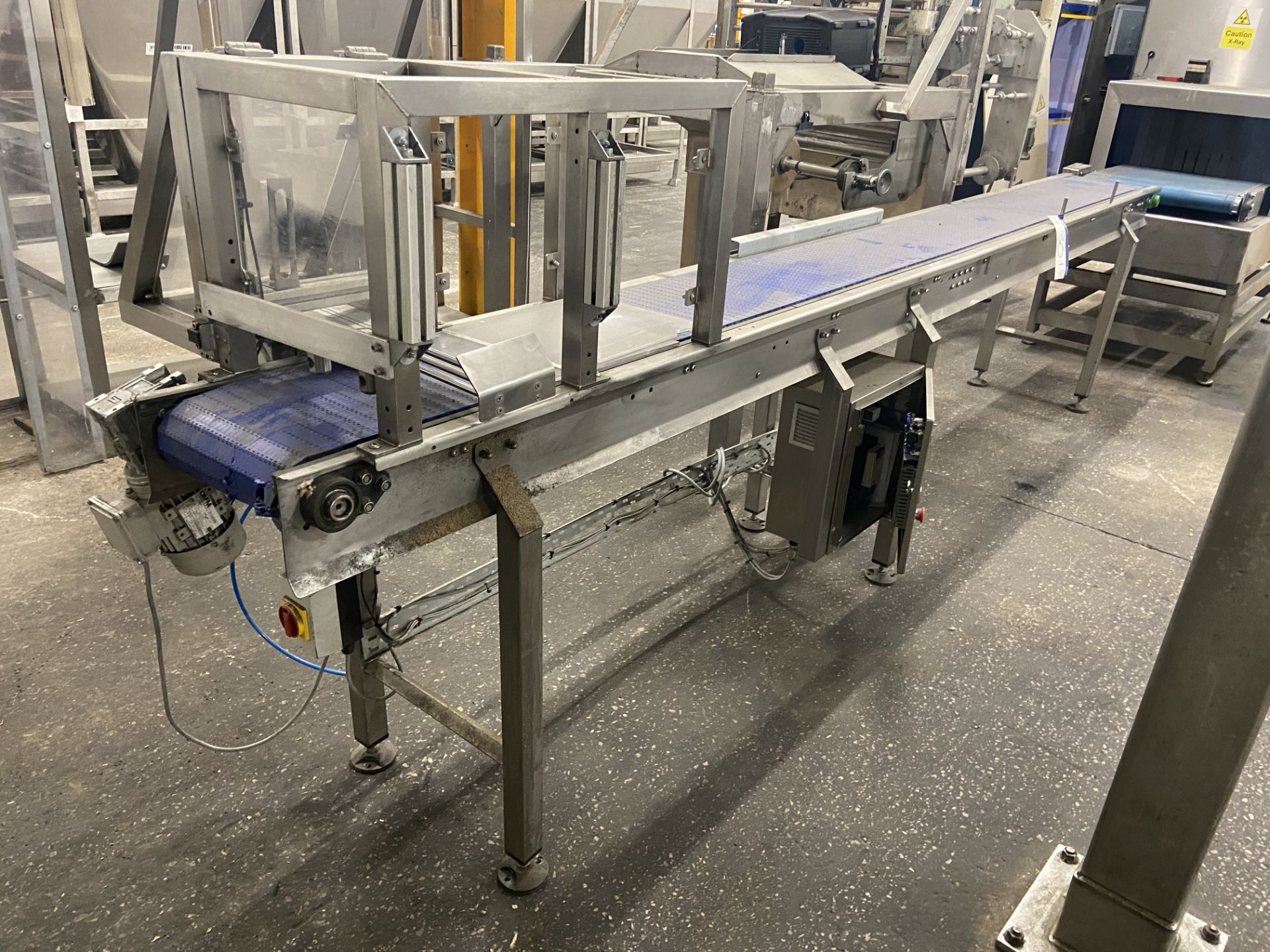 Stainless Steel Framed Plastic Belt Conveyor, approx. 4.2m centres long x 300mm wide on belt, with