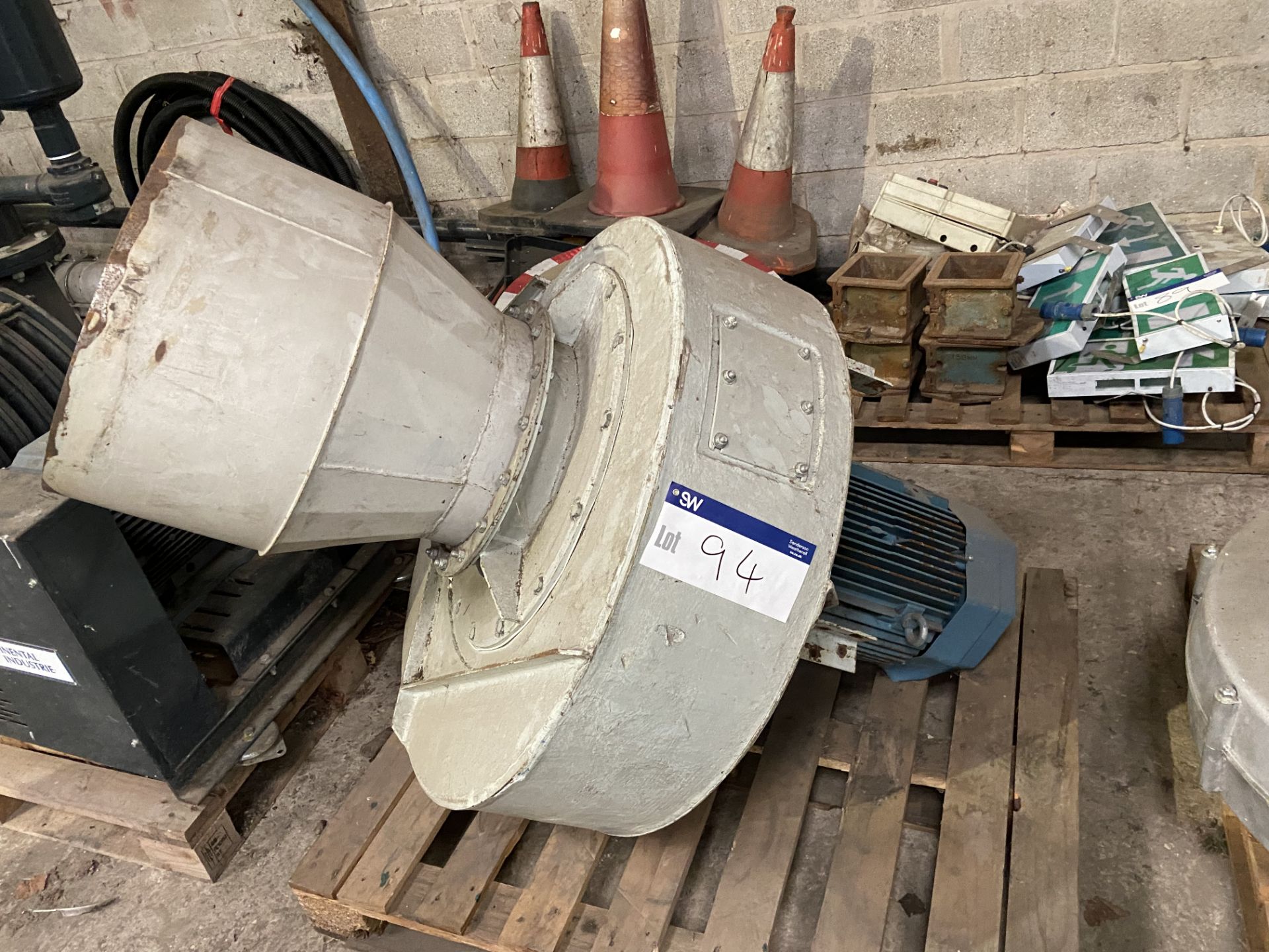 Steel Cased Centrifugal Fan, approx. 500mm dia. intake, 250mm x 460mm delivery, with electric motor;