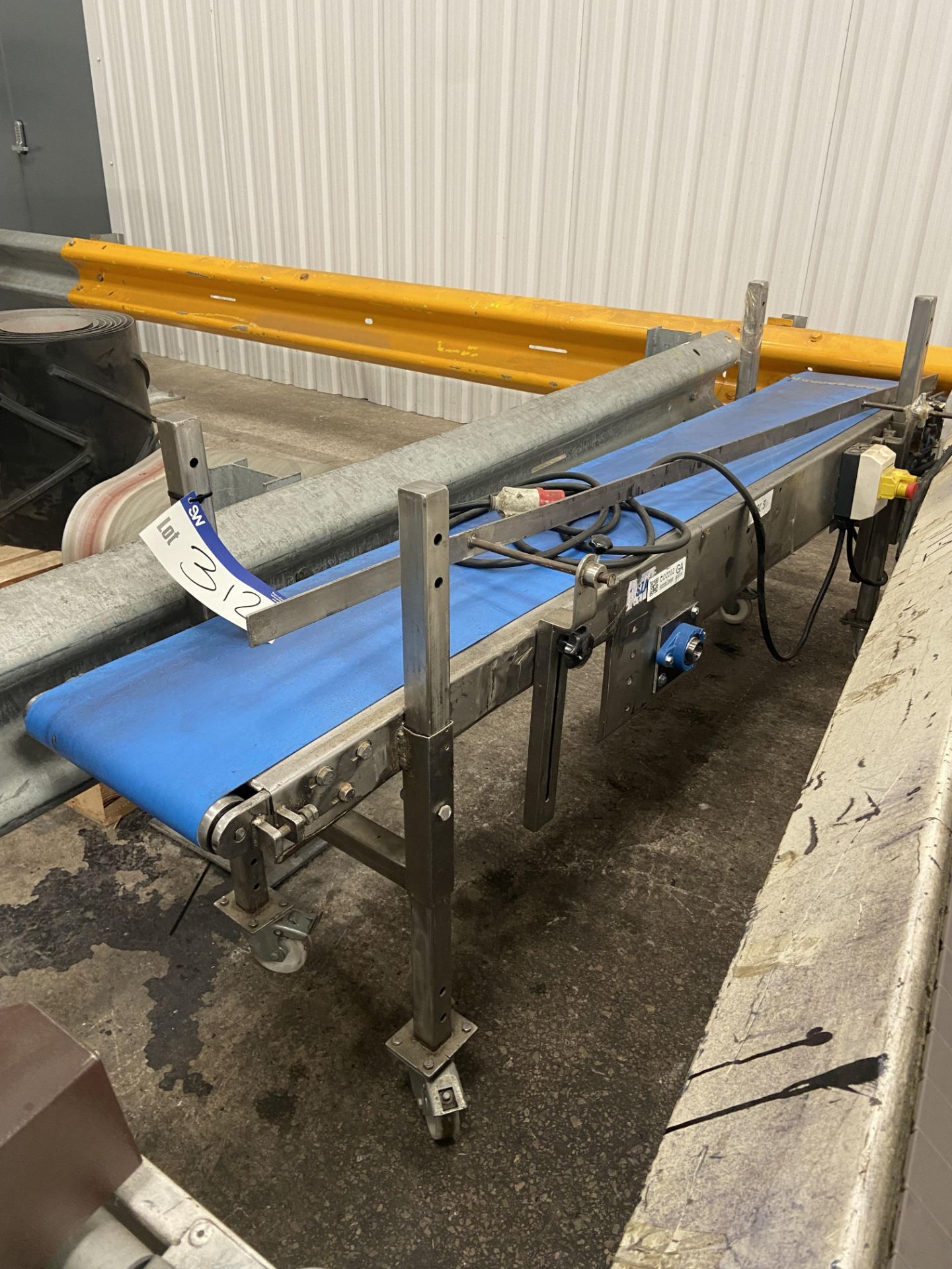 Stainless Steel Framed Mobile Belt Conveyor, approx. 2.4m centres long x 300mm wide on belt, 440V, - Image 2 of 3