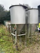 Stainless Steel Tank/ Hopper, approx. 2.5m x 1m dia., on stainless steel fabricated legs. Lot