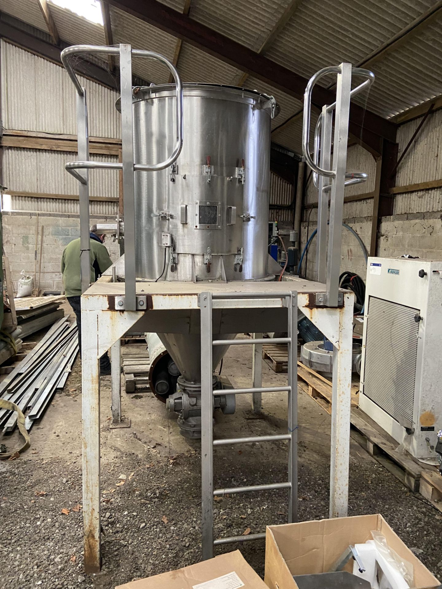 STAINLESS STEEL RECEIVING HOPPER, approx. 1.1m dia. x 1.2m deep on straight, with discharge