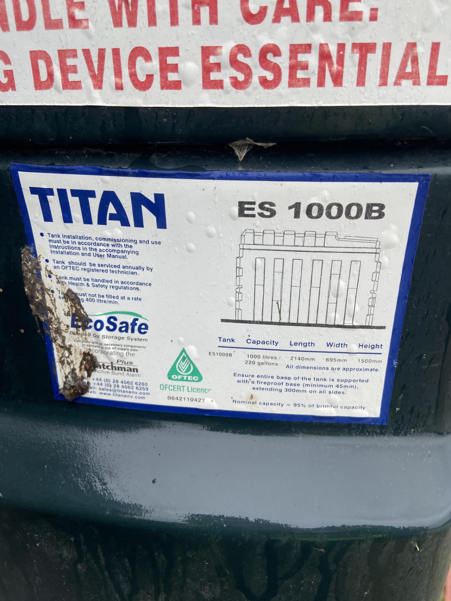 Titan ES 1000B 1000 litre cap. Bunded Plastic Fuel Storage Tank, approx. 2.14m x 695mm x 1.5m - Image 4 of 4