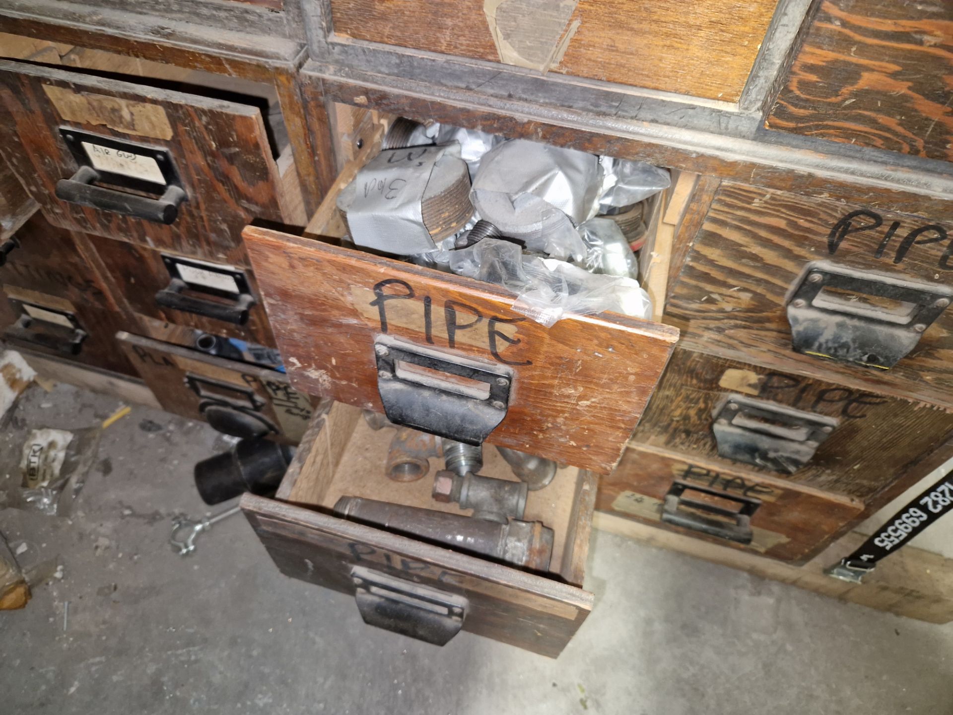 Five 6 Drawer Wooden Cabinets and Contents, including Pipe Fittings, Steel Components, Welding - Image 6 of 6