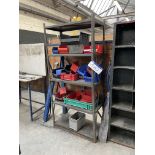 Five Tier Steel Rack, with approx. 20 plastic stacking bins, approx. 900mm x 460mm x 1.85m high