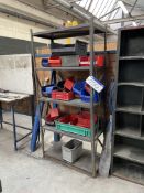 Five Tier Steel Rack, with approx. 20 plastic stacking bins, approx. 900mm x 460mm x 1.85m high