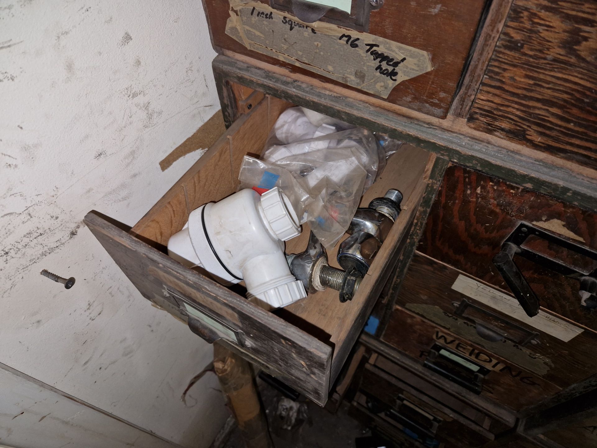 Five 6 Drawer Wooden Cabinets and Contents, including Pipe Fittings, Steel Components, Welding - Image 4 of 6