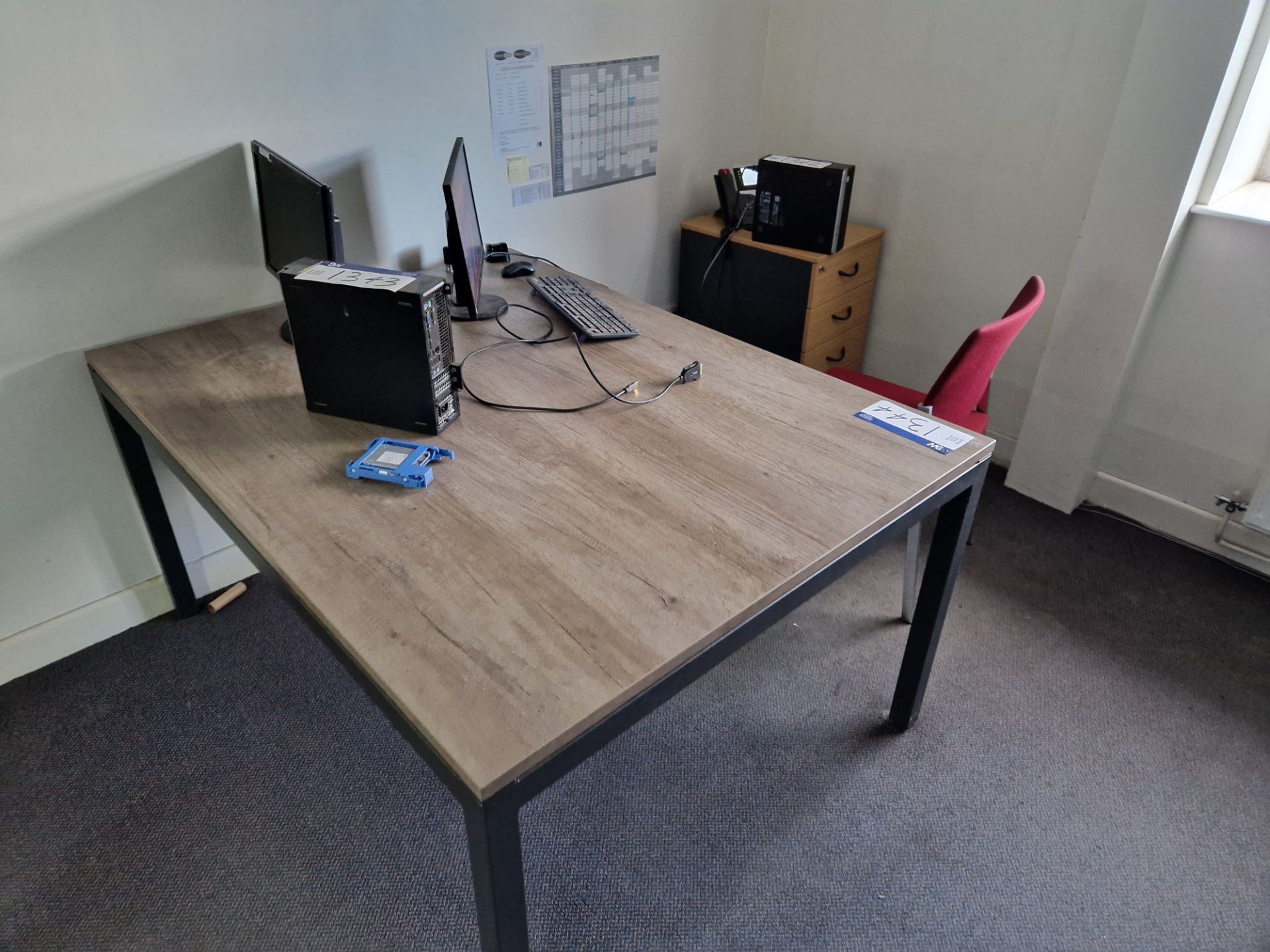 Large Grey Oak Veneered Table, 3 Drawer Pedestal and Office Chair Please read the following