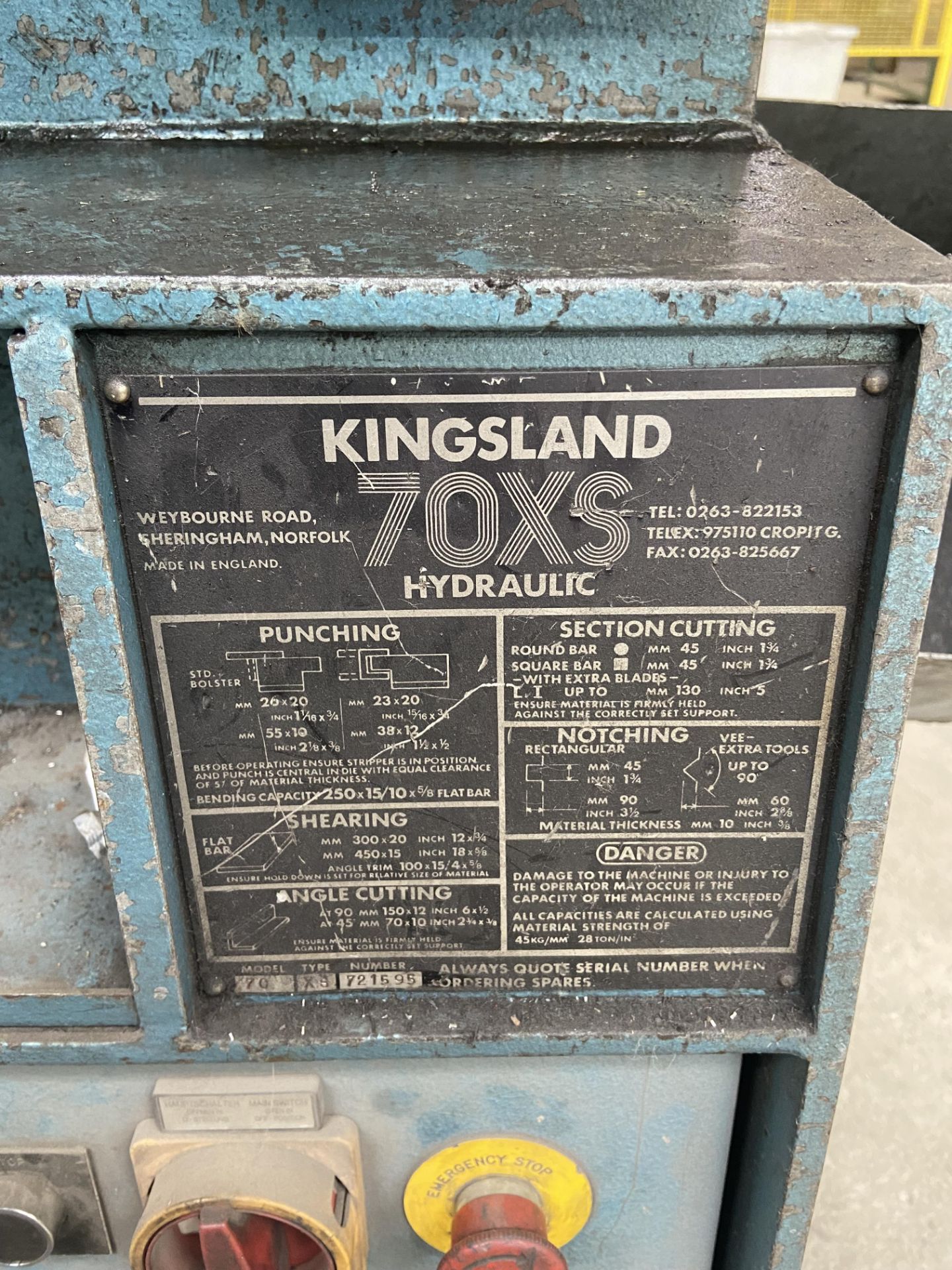 Kingsland 70XS HYDRAULIC UNIVERSAL STEEL WORKER, serial no. 721595, with tooling as fitted and on - Image 3 of 6