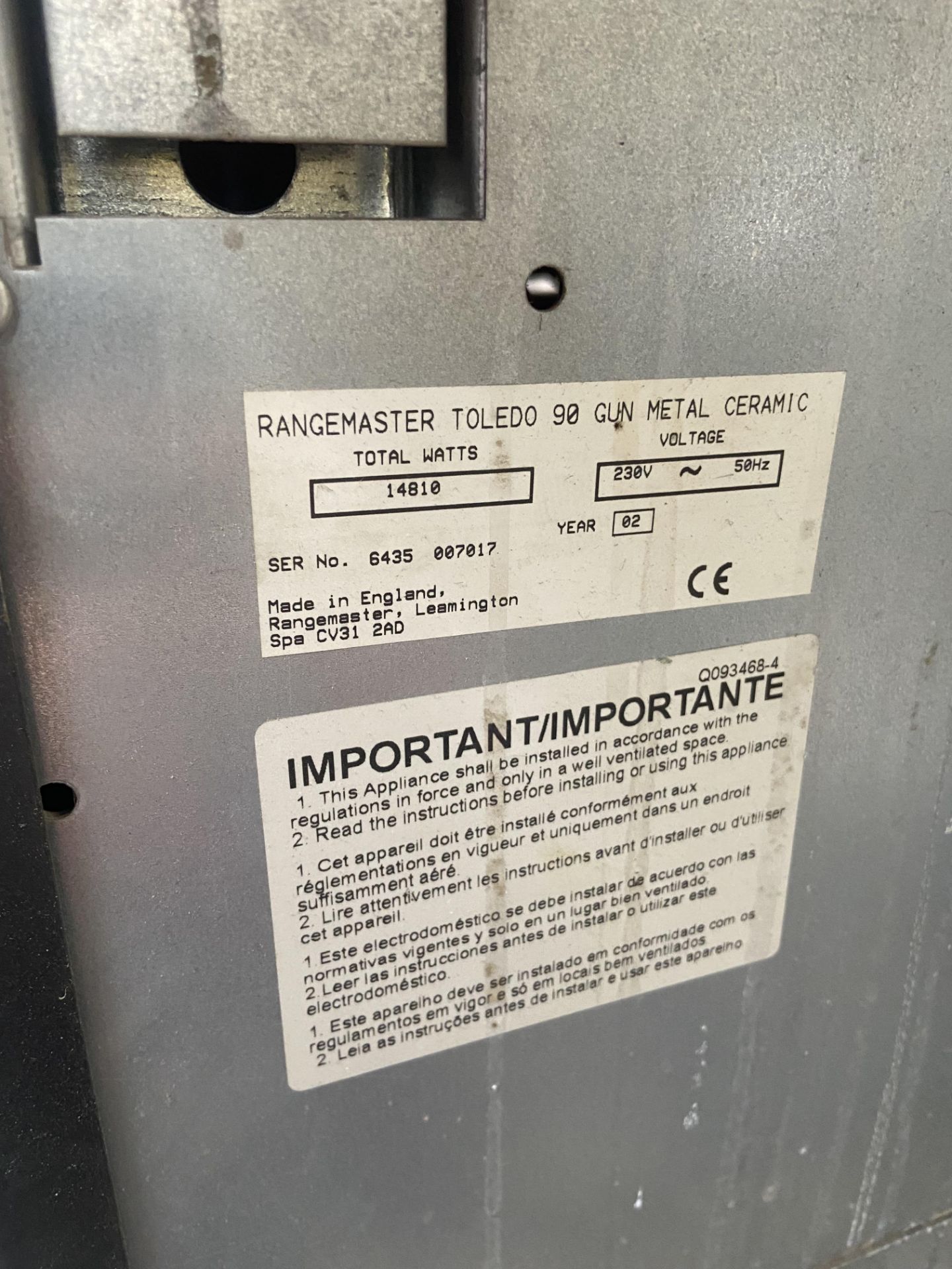 Rangemaster Toledo Electric Oven Range, serial no. 6435 007017 Please read the following important - Image 2 of 3