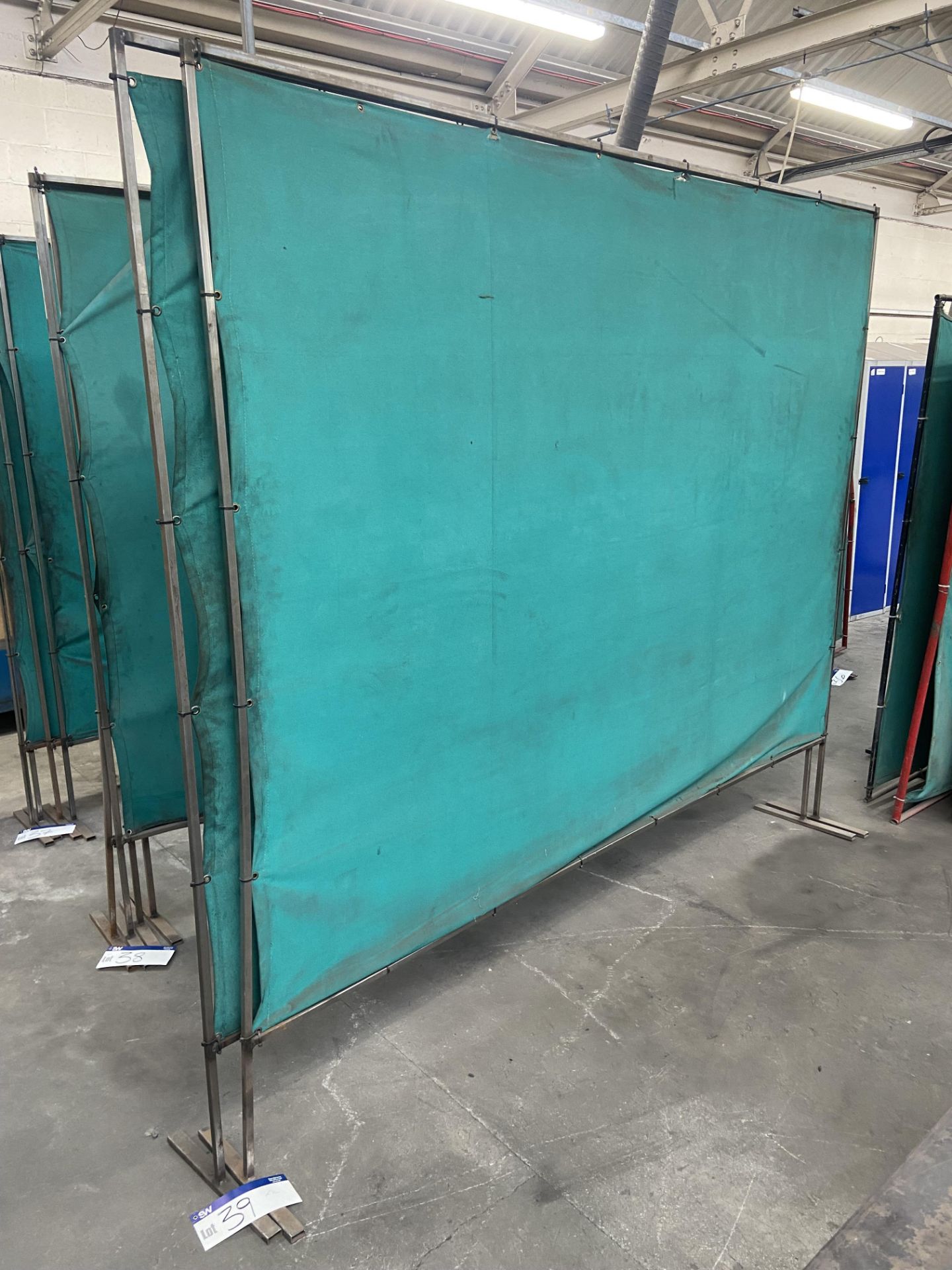 Two Steel Framed Canvas Welding Screens, mainly approx. 2.5m x 2.2m high Please read the following