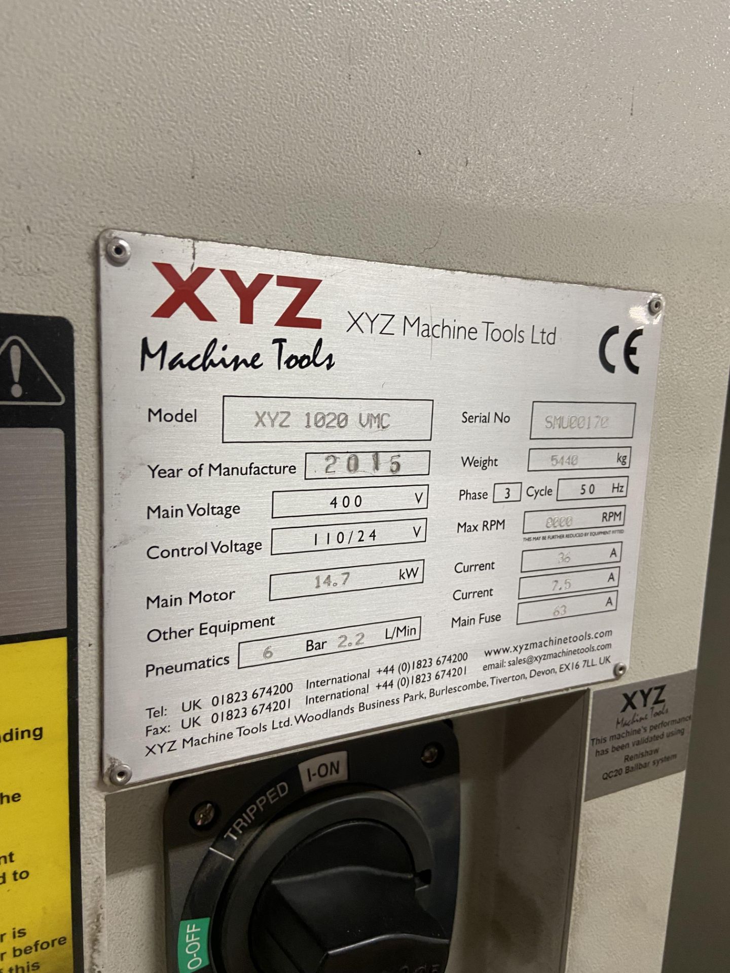 XYZ 1020VMC VERTICAL MACHINING CENTRE, serial no. SMU00170, year of manufacture 2015, with Siemens - Image 7 of 8