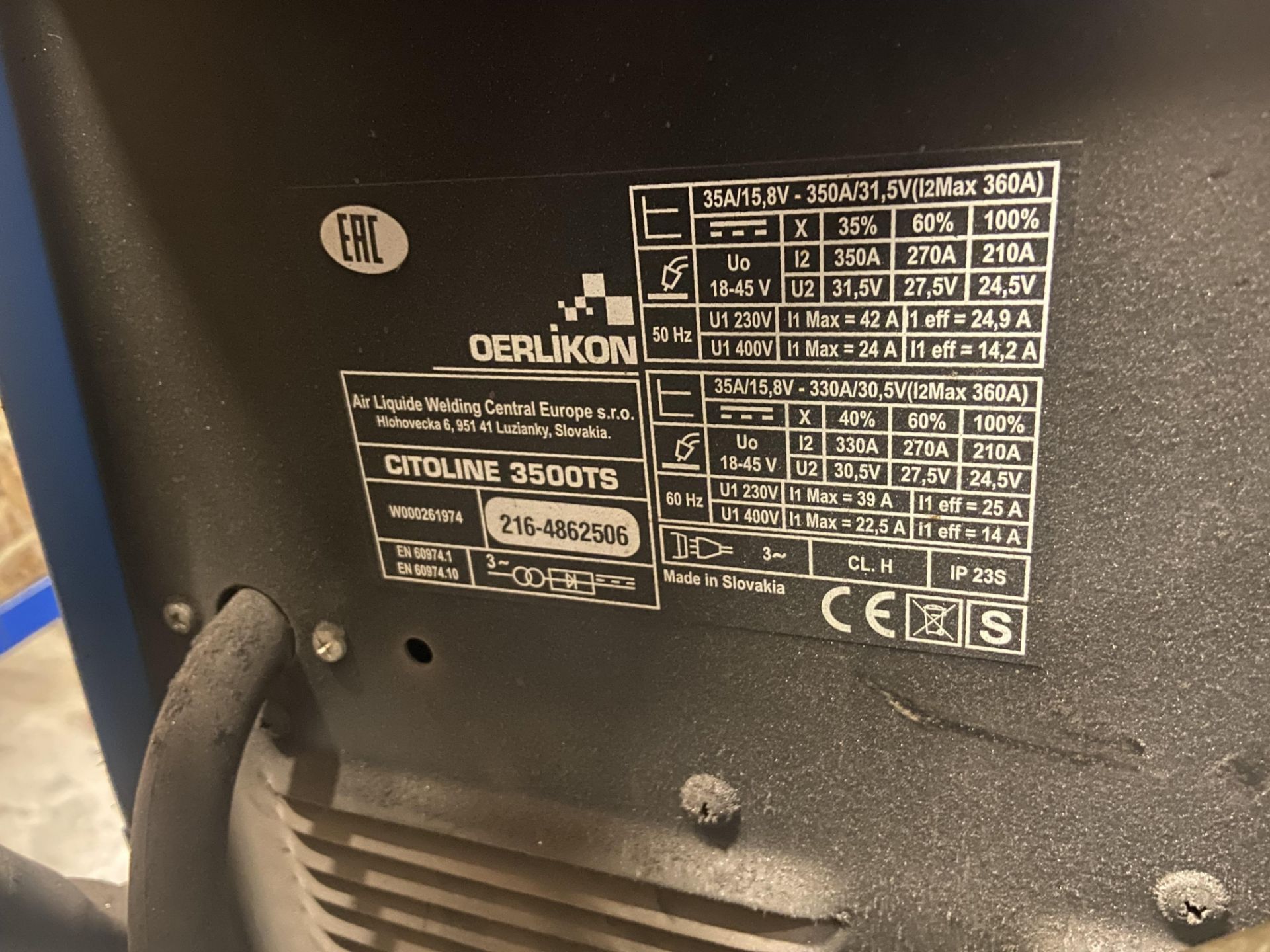 Oerlikon Citoline 3500TS Mig Welding Set, serial no. 216-4862506 Please read the following important - Image 3 of 3