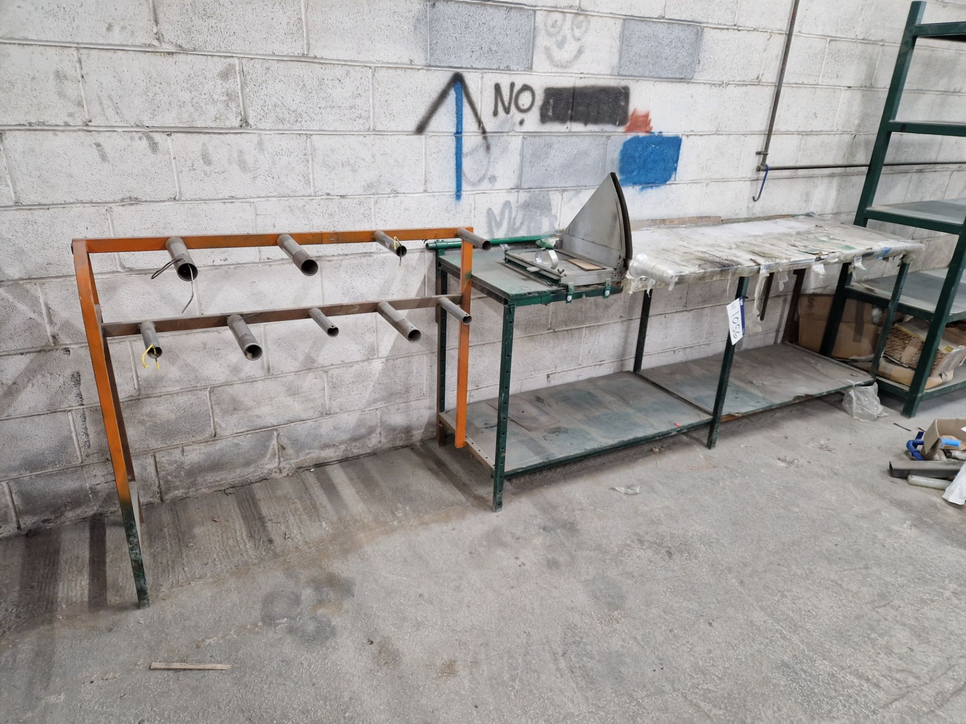 Steel Framed Two Tier Table, with Angled Guillotine and 9 Section Spool Rack, Approx. 3.6m x 0.65m