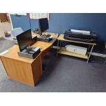 Curved Veneered Desk, Pedestal, Two Tier Table and Two Office Swivel Chair Please read the following