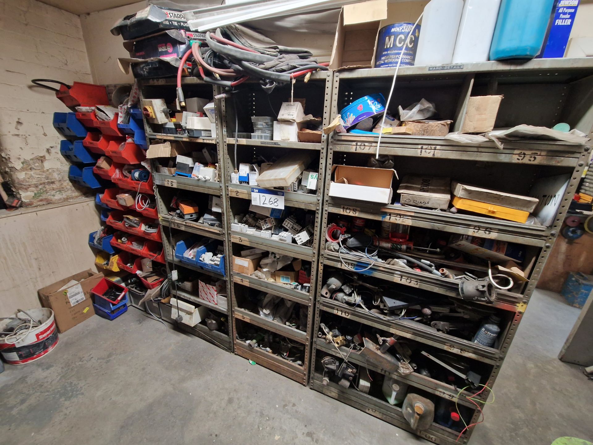 Three Bays of Shelving, Lin Bin Rack and Contents, including Steel Components/Parts, Fuses,