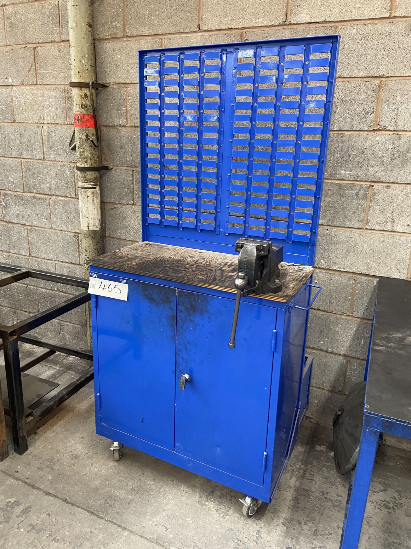 Mobile Double Door Steel Cupboard/ Workstation, fitted engineers bench vice Please read the
