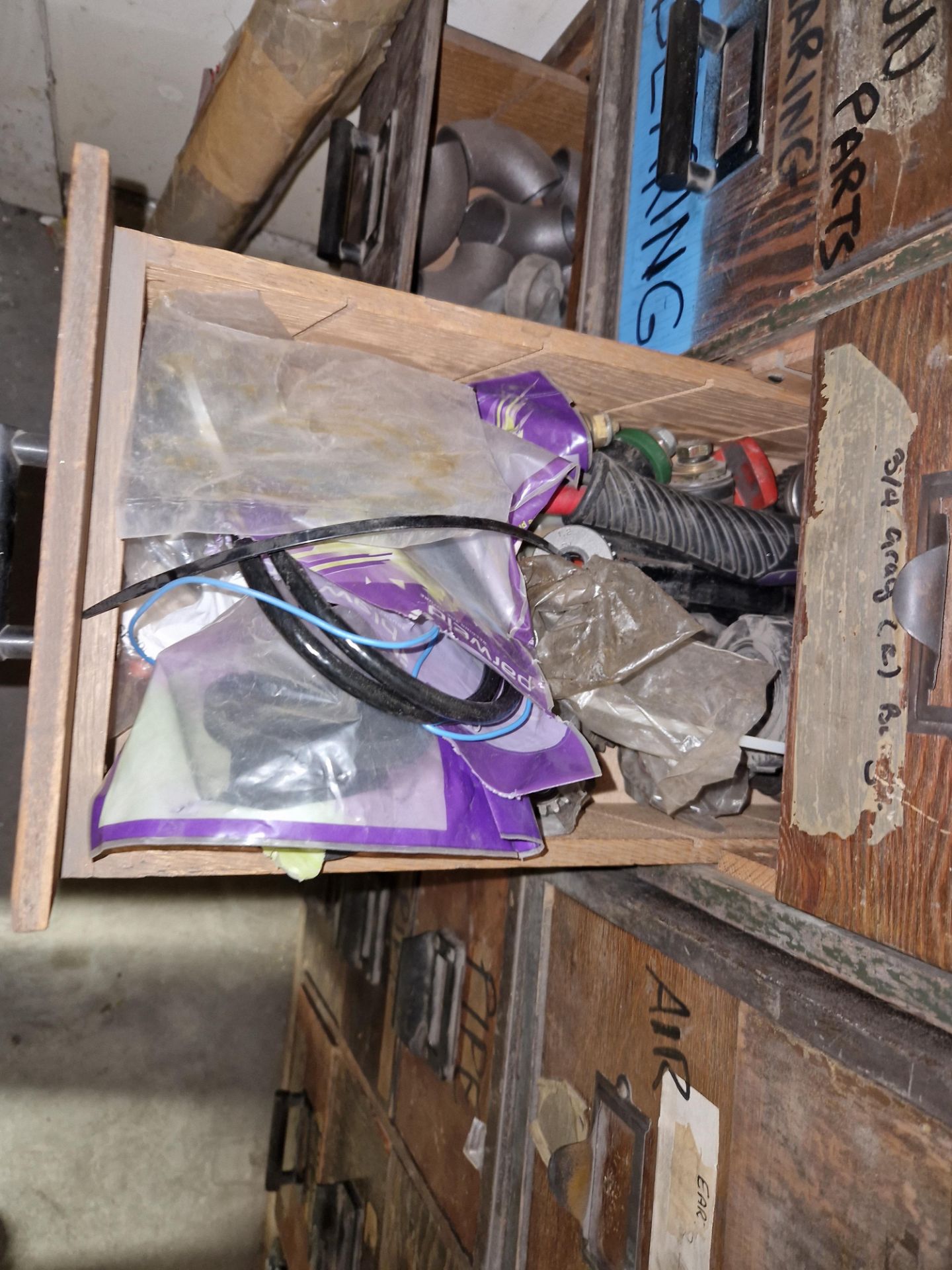 Five 6 Drawer Wooden Cabinets and Contents, including Pipe Fittings, Steel Components, Welding - Image 3 of 6