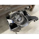 Three Welding Helmets, with attachments and plastic crate Please read the following important