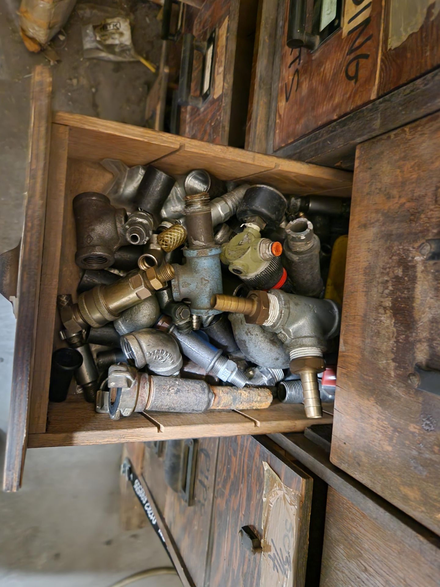 Five 6 Drawer Wooden Cabinets and Contents, including Pipe Fittings, Steel Components, Welding - Image 2 of 6