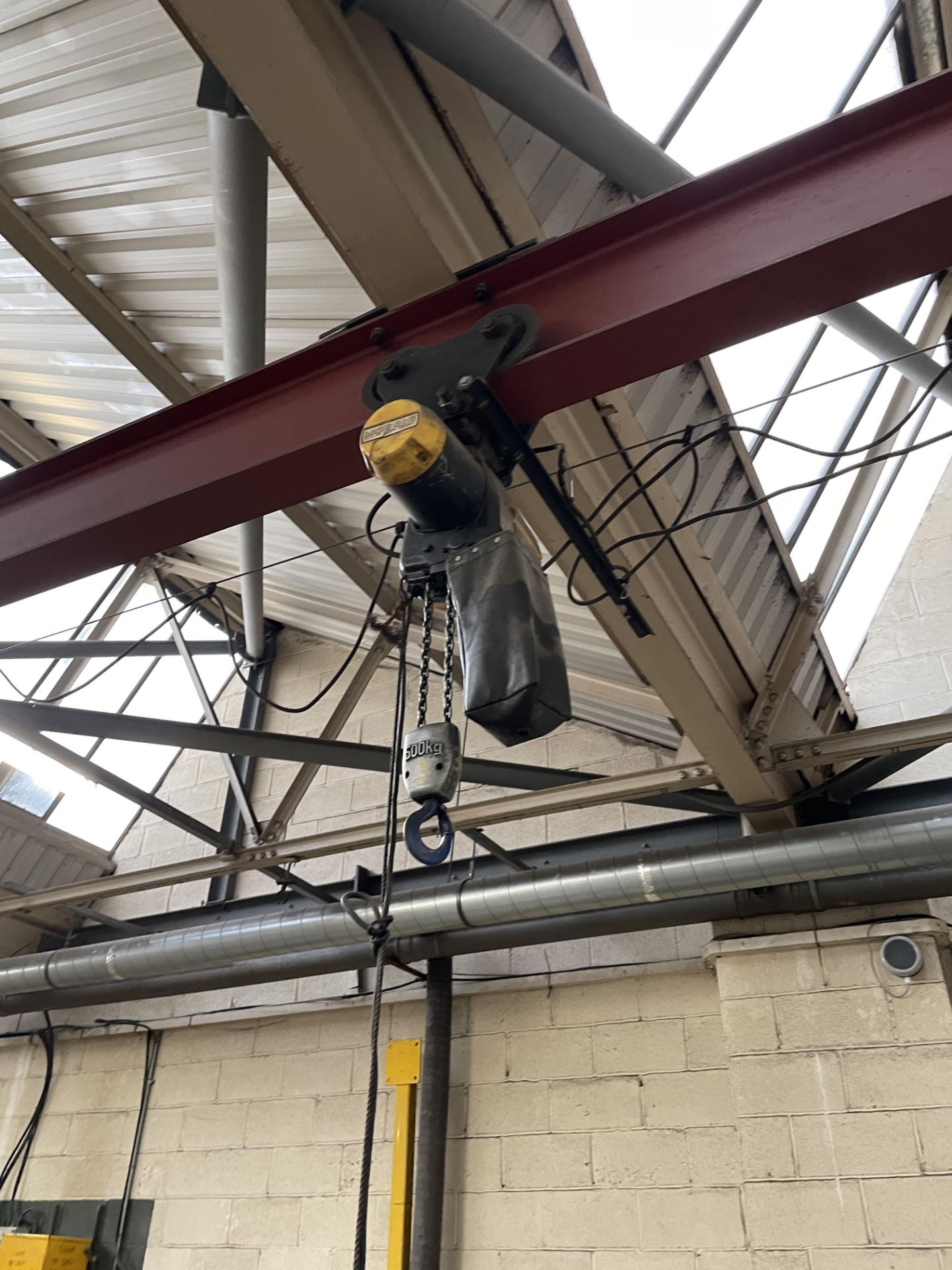 Steel Single Girder Runway, with Morris 500kg electric chain block, carriage and pendant control, - Image 4 of 5